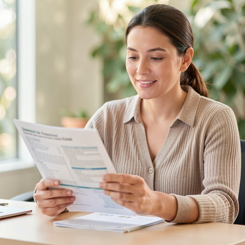 Portrait of a wellness catalogue selection team member reviewing product ingredient documentation at a desk with natural light