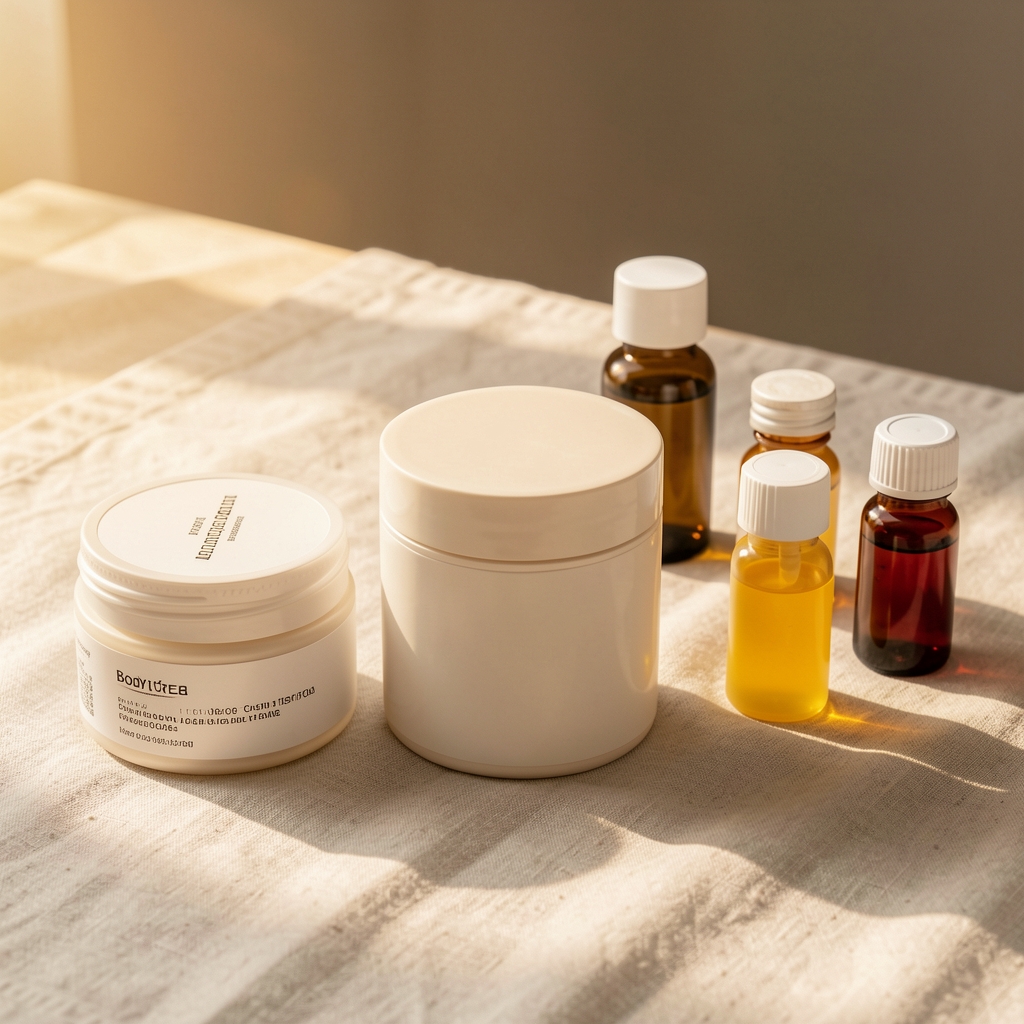 Warm-lit tabletop arrangement of body cream jars and vitamin bottles on pale linen, editorial still life composition