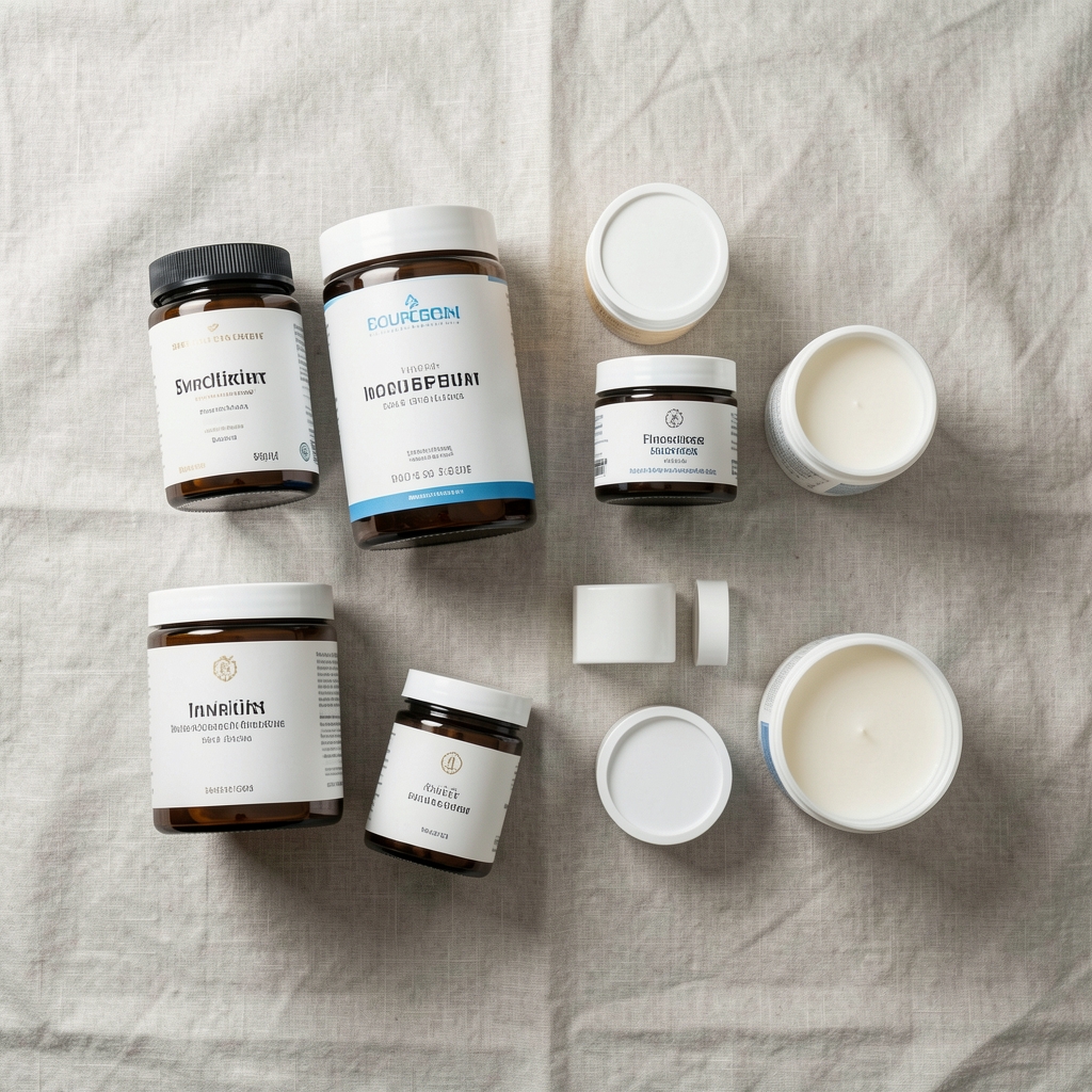 Clean flat-lay arrangement of supplement jars and cream containers on pale linen, methodical editorial composition