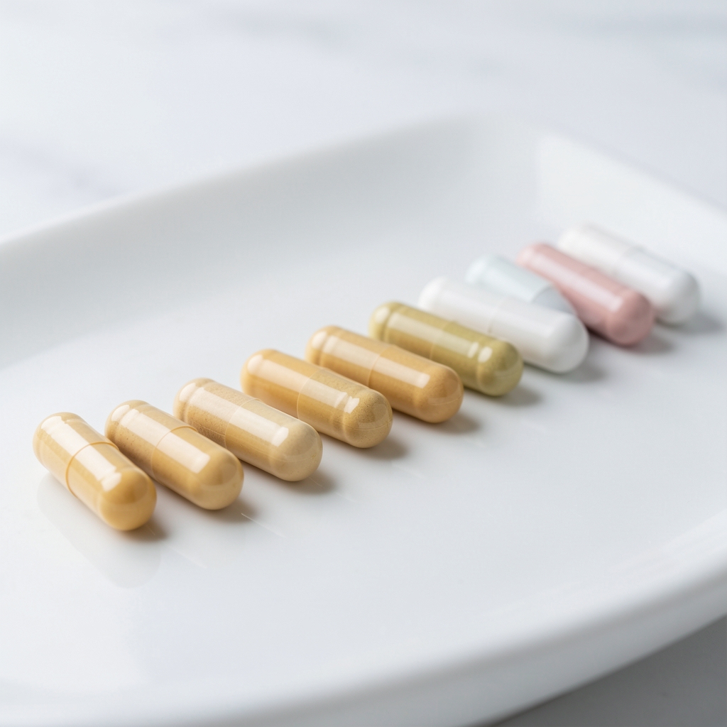 Daily supplement capsules arranged in a line on a white ceramic surface, clean editorial light
